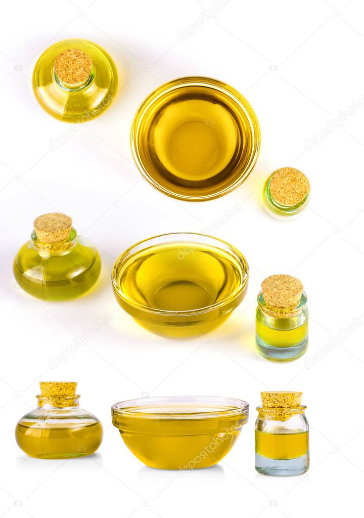 glass bottles with oil isolated on white background