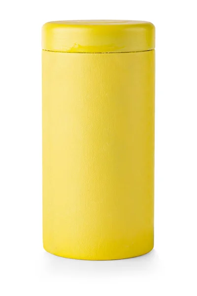 Beyaz kaplamalı sarı dekoratif plastik kavanoz. — Stok fotoğraf