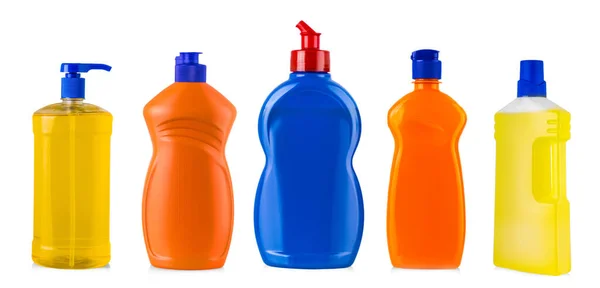 Colored plastic bottle with liquid laundry detergent, cleaning agent, bleach or fabric softener — Stock Photo, Image