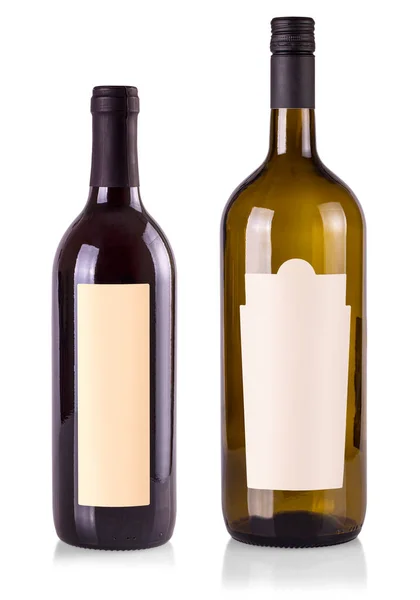 Butelki Czerwonym Białym Winem Prawdziwą Papierową Etykietą Odizolowane Biało — Zdjęcie stockowe