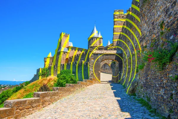 Castelo Carcassonne Iluminado Pelos Raios Solares — Fotografia de Stock