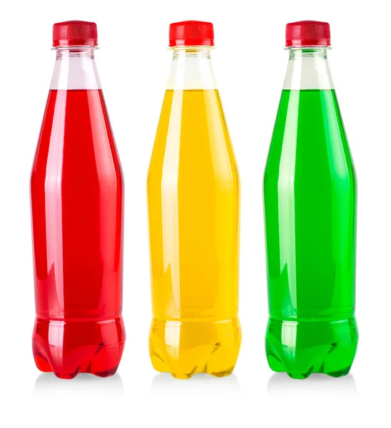 Set Aus Plastikflasche Mit Roter Limonade Isoliert Auf Weißem Hintergrund — Stockfoto