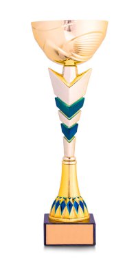 Altın kupa, boş tabak. Beyazda izole edilmiş