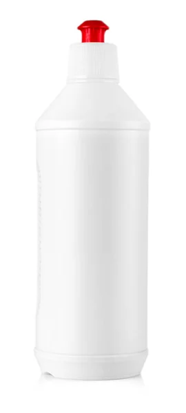 Біле Прибиральне Обладнання Ізольовано Білому Тлі Кольорові Пластикові Пляшки Миючим — стокове фото