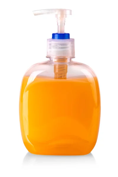 Plastic Bottle Orange Transparent Liquid Soap Isolated White Background — Stock Photo, Image