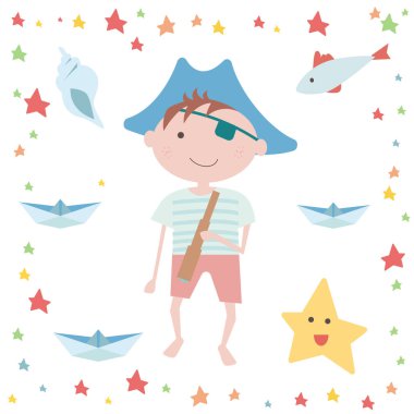 deniz ortamı ile çocuk korsan, kağıt gemi, balık, yıldız, kabuk düz vektör illüstrasyon