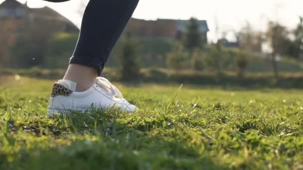 Feet Running Grass Sunset Park Sneakers Outdoor Active Sum — Stock Video