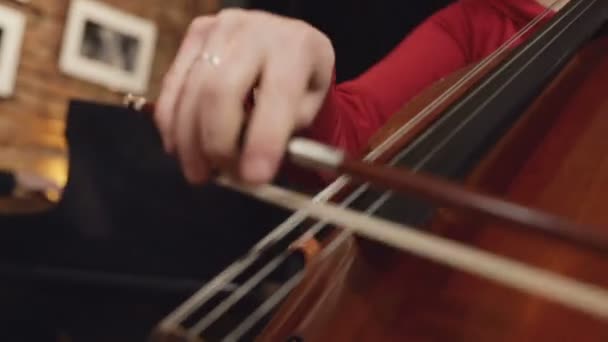 Віолончелі Плеєром Челтніст Руки Грають Віолончель Бантом Піаніст — стокове відео