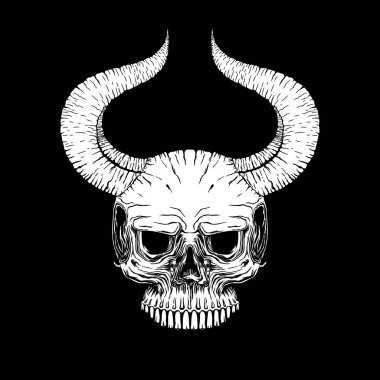 kafatası boynuz yüz illüstrasyon vektör, Tasavvuf, dövme. El yapımı, gömlek, arka plan beyaz yazdır. izole tasarım. Şeytan ve savaşçı. sembol ve işareti. etiket şablon. dövme fikir. renkli dövme. Şeytan ve korku.