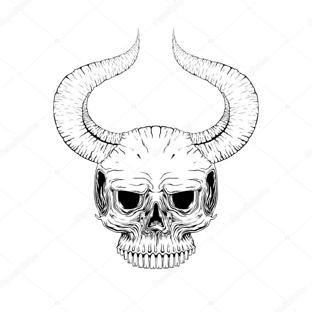 skull horn face illustration vector, mysticism, tattoo. Handmade, print on shirt, background white. isolated design. devil and warrior. symbol and sign. sticker template. tattoo idea. color tattoo. devil and fear.