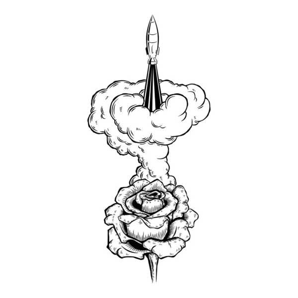 Ros Blomma Och Kärnvapenraket Uppskjutning Illustration Vektor Linje Konst Tatueringsdesign — Stock vektor