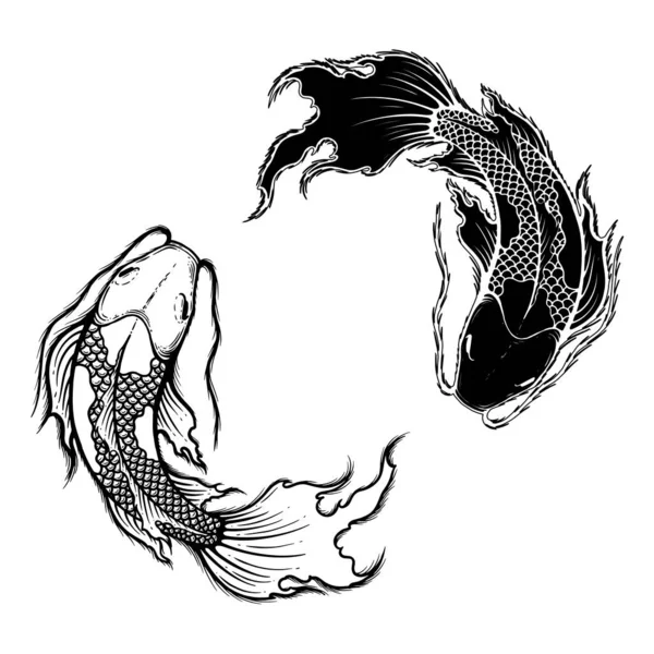 Ilustrasi Vektor Ikan Koi Desain Tato Gaya Jepang Tinta Seni - Stok Vektor