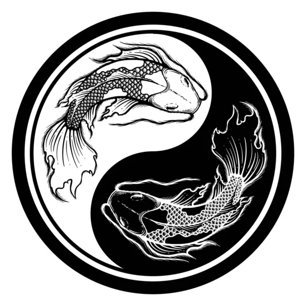 迎阳是和谐与平衡的象征 手绘科伊鱼矢量图解 纹身设计 日本风格 线条艺术油墨作品 野生动物 — 图库矢量图片