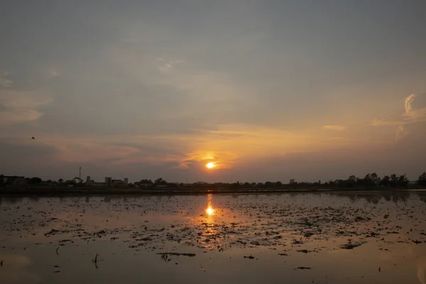 Paisagem Com Nascer Sol Cedo Pelo Lago Céu Céu Silhuetas — Fotografia de Stock