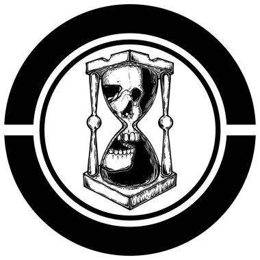 Kafatasıyla dekoratif antika ölüm kum saati çizimi. El yapımı tarot kartı. Nokta dövmesi çizimi, hippi tişörtü tasarımı, klasik tarz posterler. dövme tasarım vektörü.