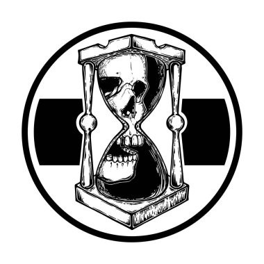 Kafatasıyla dekoratif antika ölüm kum saati çizimi. El yapımı tarot kartı. Nokta dövmesi çizimi, hippi tişörtü tasarımı, klasik tarz posterler. dövme tasarım vektörü.
