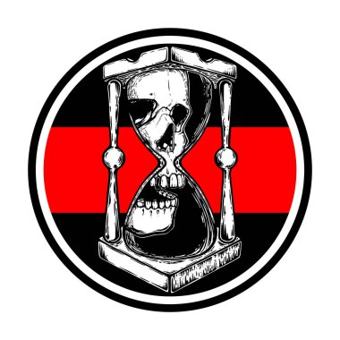 Kafatasıyla dekoratif antika ölüm kum saati çizimi. El yapımı tarot kartı. Nokta dövmesi çizimi, hippi tişörtü tasarımı, klasik tarz posterler. dövme tasarım vektörü.