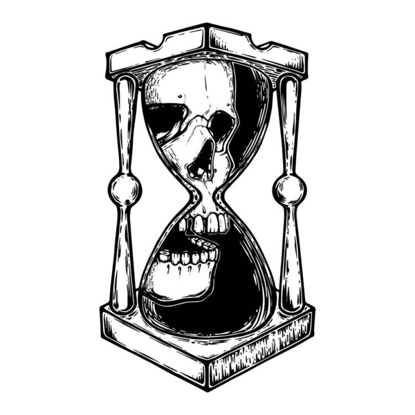 Decorative antique death hourglass illustration with skull. Hand drawn tarot card. Sketch for dotwork tattoo, hipster t-shirt design, vintage style posters. tattoo design vector.