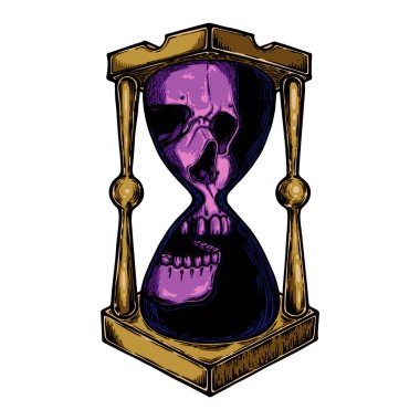 Kafatasıyla dekoratif antika ölüm kum saati çizimi. El yapımı tarot kartı. Nokta dövmesi çizimi, hippi tişörtü tasarımı, klasik tarz posterler. dövme tasarım vektörü.