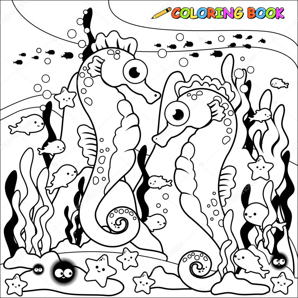 Seahorses swimming underwater. Coloring book page