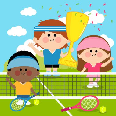 Tenis kortunu kazanan çocuklar şampiyonluk kupasını tutuyorlar. Çocuklar tenis raketleriyle tenis oynarlar, genç sporcular ve kızlar. Vektör illüstrasyonu