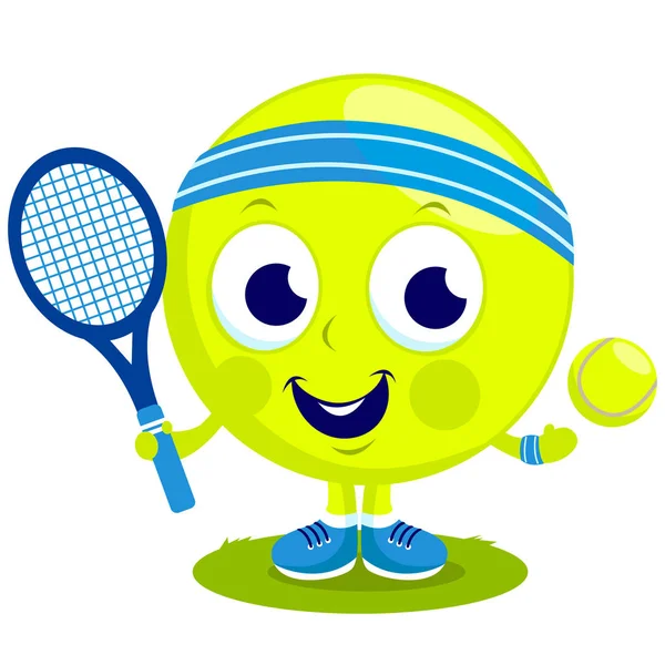 Personaje Pelota Tenis Dibujos Animados Vectorial Jugando Tenis Con Raqueta — Vector de stock