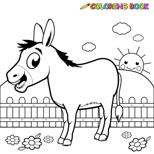 Cartoon Donkey Farm Coloring Book Page — Stock Vector