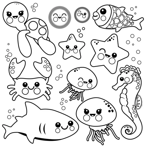 Ensemble Illustrations Vectorielles Noir Blanc Animaux Marins Coloriage Livre Page — Image vectorielle