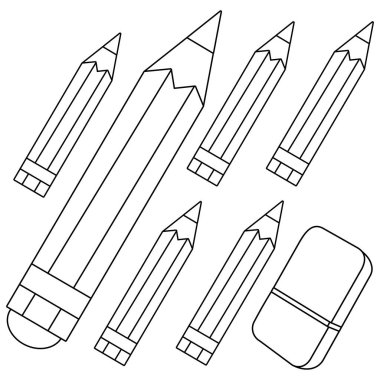 Beyaz arka planda renkli kalemler ve silgi. Öge koleksiyonu çizmek ve yazmak. Çocuklar, okul, anaokulu ve anaokulu sanat malzemeleri için boyanmış boya kalemleri. Öğrenciler için resim yapmak. Vektör siyah ve beyaz renk sayfası.