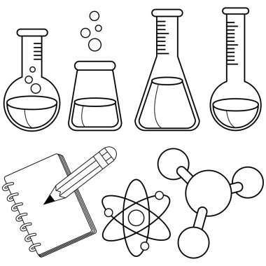Bilim ve kimya seti. Okul bilimi, biyoloji ya da kimya sınıfı ekipmanları. Test tüpleri ve öğrenci bilim projesi için not defteri. Vektör siyah ve beyaz renk sayfası.