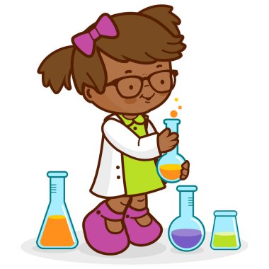 Öğrenci kız kimya test tüpleri kullanıyor ve okulda fen deneyleri yapıyor. Kimya sınıfındaki bilim adamı çocuk. Vektör illüstrasyonu
