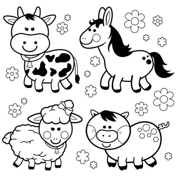 Colección Vectorial Animales Granja Una Vaca Caballo Una Oveja Cerdo — Vector de stock
