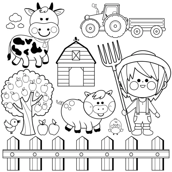 Bauernjunge und Tiersammlung. Schwarz-weißes Malbuch — Stockvektor