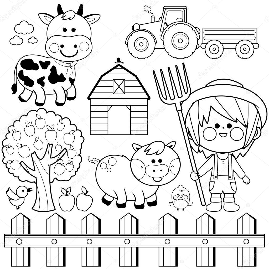 Farmer boy and animals collection. Black and white coloring book page