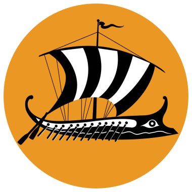Denizde yelken açan eski bir Yunan trireme gemisi. Eski bir Yunan gemisinin siyah-beyaz tasviri. Vektör illüstrasyonu