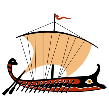 Denizde yelken açan eski bir Yunan trireme gemisi. Antik Yunan gemisinin stilize edilmiş çizimi. Vektör illüstrasyonu