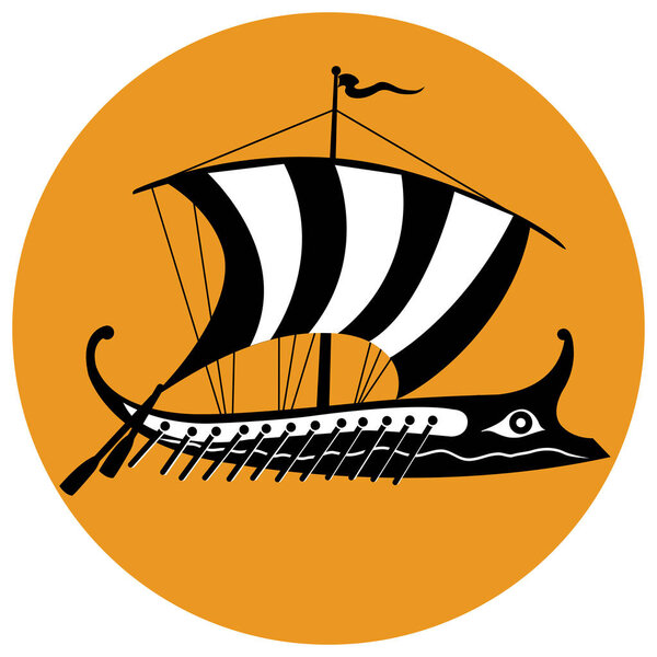 An ancient Greek trireme ship sailing on the sea. Stylized black and white illustration of an ancient Greek ship. Vector illustration