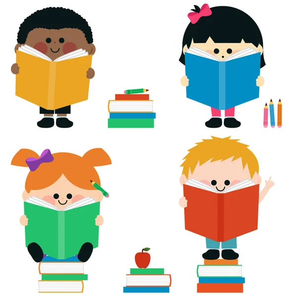 Diverso Grupo Niños Leyendo Libros — Vector de stock