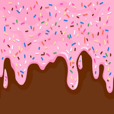 Donut jöleli pasta arka planında pembe kremalı ve renkli çikolata parçacıkları eritilmiş. Tatlı fırın çilek şurubu, çikolatalı sütlü arka planda erir. Vektör illüstrasyonu