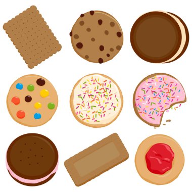 Çikolata şekerli kurabiye ve browni kekleri. Kahvaltı atıştırmalığı ve çay için fırın jöleli bisküviler. Beyaz arka planda tatlı kurabiyeler ve bisküviler. Vektör illüstrasyonu