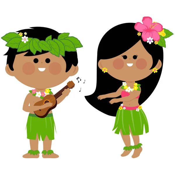 Yaz Luau partisi ve Hawaii hula dansçıları. Hawaii 'li bir çocuk gitarıyla müzik çalıyor ve Hawaii' li bir hula dansçısı kız dans ediyor. Vektör illüstrasyonu