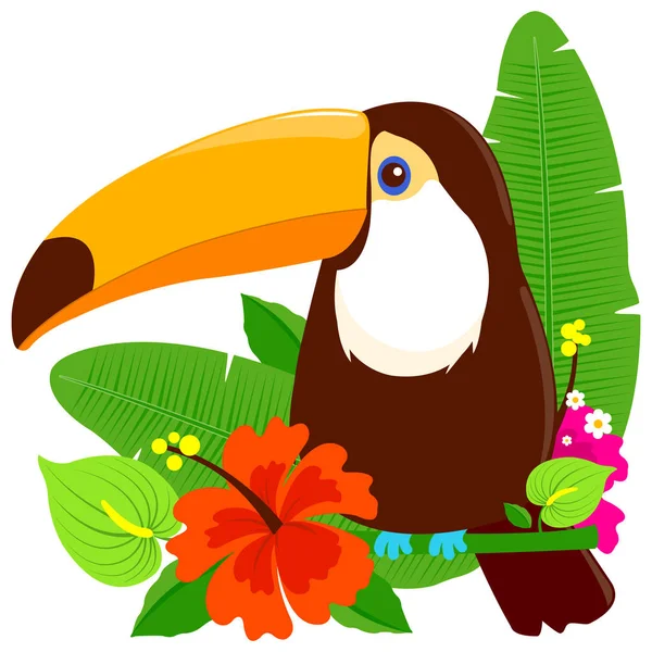 Tropisches Sommerarrangement Mit Tukan Vögeln Und Exotischen Pflanzen Vektorillustration — Stockvektor