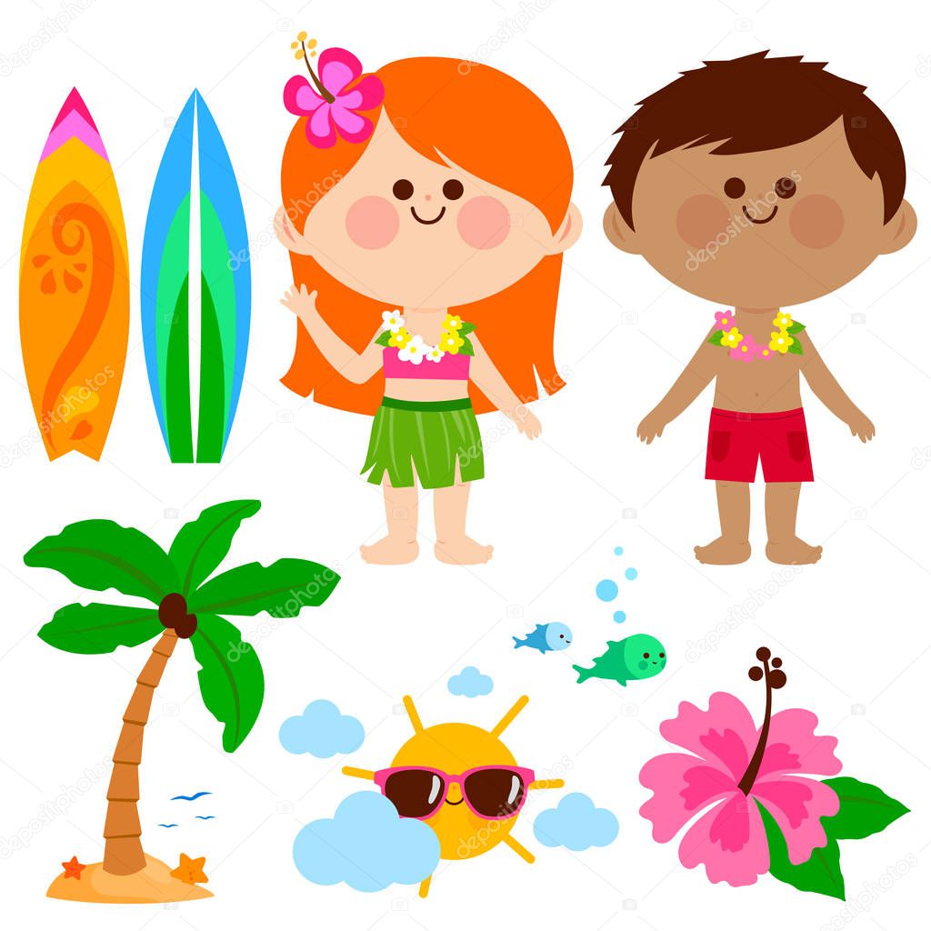 Hawaiian boy and girl kids with swimsuits and other beach summer vacation design elements. Vector illustration