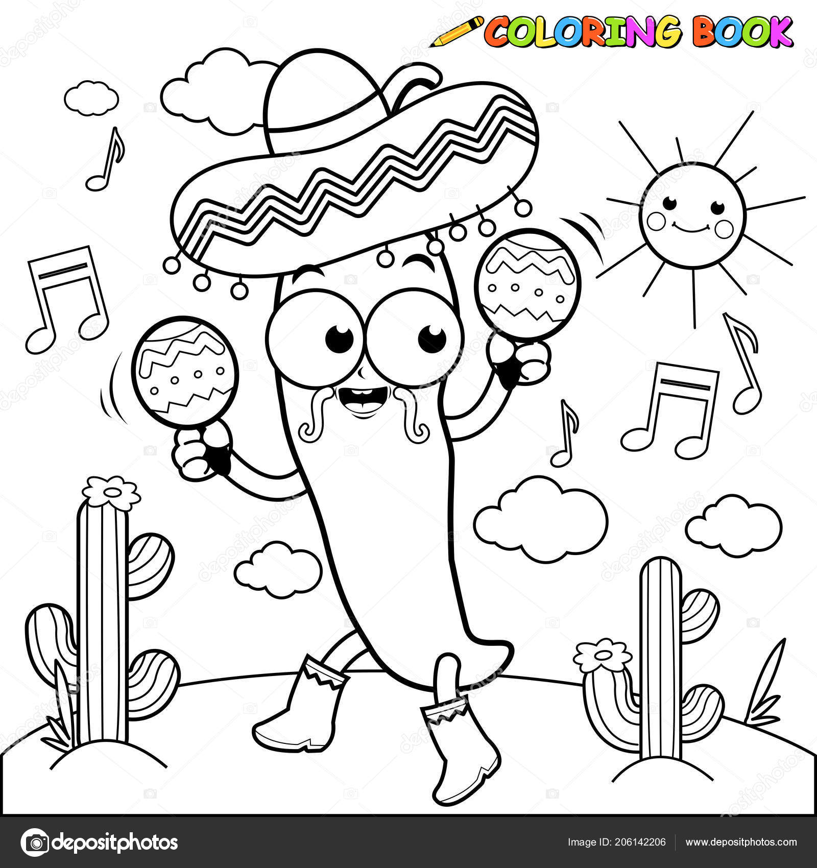 Cartoon Mariachi Chili Pepper Maracas Black White Coloring Page Stock Vector Image By C Stockakia 206142206