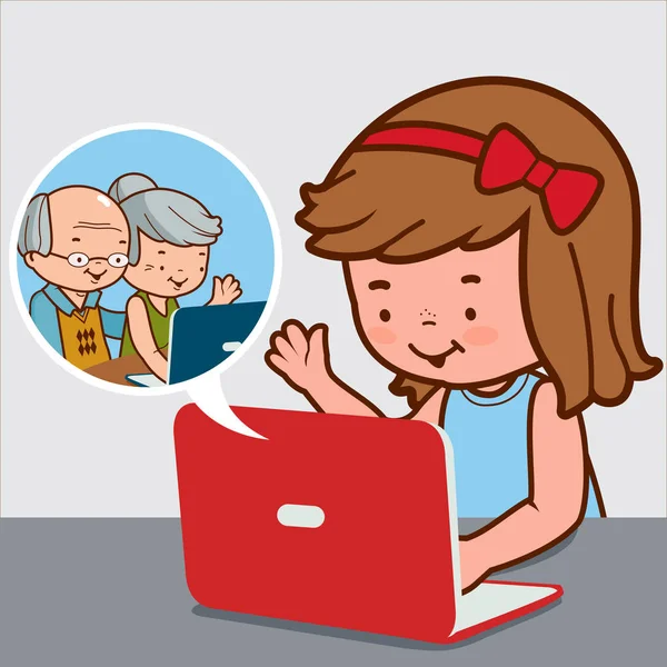 소녀는 그녀의 컴퓨터 카메라 앞에서 그녀의 책상에 그녀의 조부모와 — 스톡 벡터
