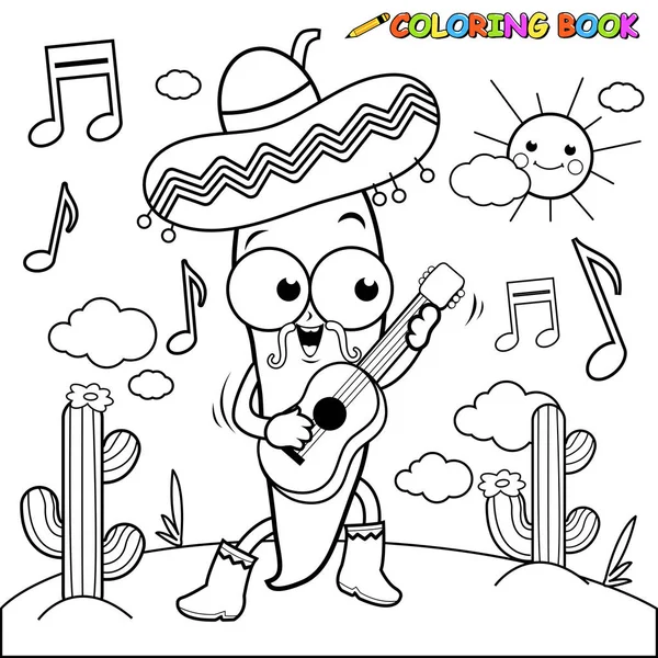Cartoon Mariachi Chili Pepper Jouant Guitare Coloriage Noir Blanc — Image vectorielle