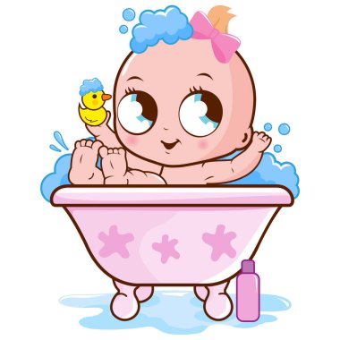 Küvette bir bebek köpük banyosu yapıyor. Küvette köpük banyosu yapan ve plastik ördek oyuncağıyla oynayan sevimli bir bebek. Vektör illüstrasyonu 