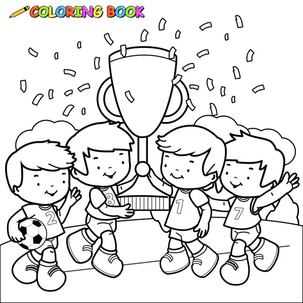 Erkek çocuklar sporcular futbol maçını kazanıyor. Çocuklar futbol oyuncuları futbol sahasında alkışlıyor ve kupayı tutuyorlar. Vektör siyah ve beyaz renk sayfası.