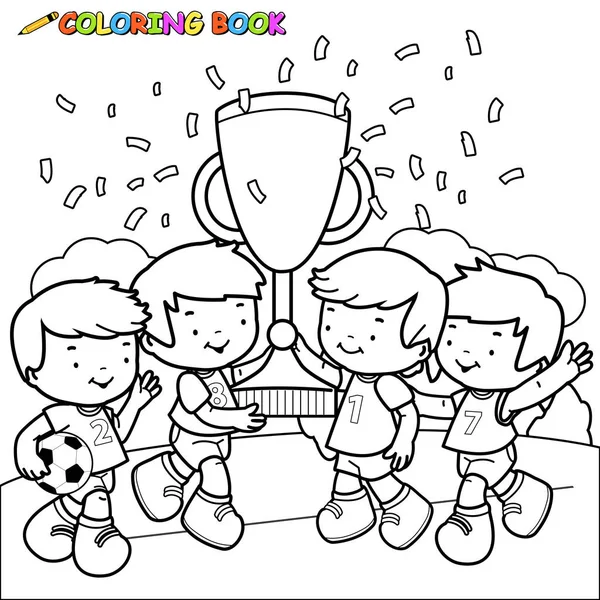 矢量黑白插图三小足球运动员优胜者男孩欢呼和拿着杯子在橄榄球场 — 图库矢量图片