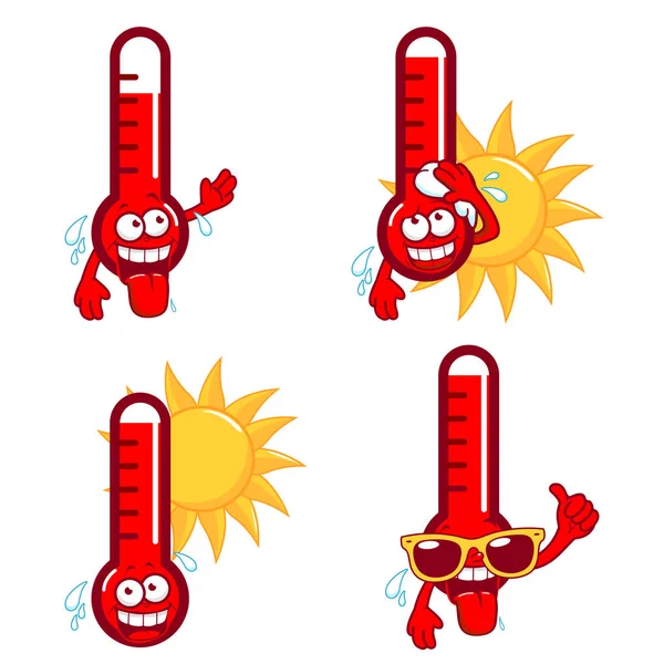 Thermomètres Drôles Dessins Animés Indiquant Une Température Très Chaude — Image vectorielle